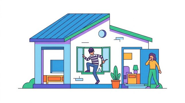 Burglar breaking into a home through a window while owner arrives
