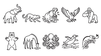 Fototapeta premium Minimalist wild animal line art icons, set of 10 vector wildlife illustrations, black and white zoo animal silhouettes for educational coloring