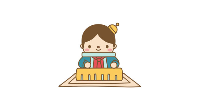 Cute cartoon boy wearing traditional cultural clothing at desk