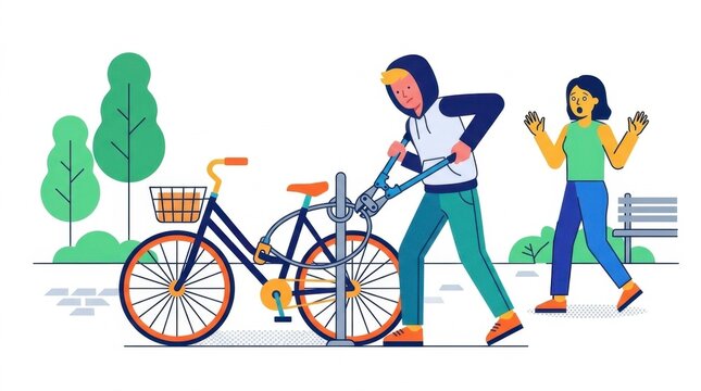 Illustration of a thief stealing a bicycle with bolt cutters