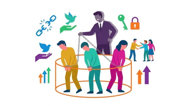 Illustration of human trafficking and symbols of liberation