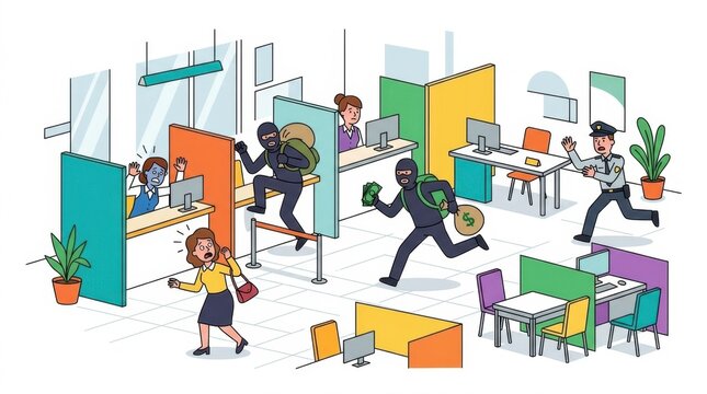 Cartoon illustration of masked robbers committing a bank heist