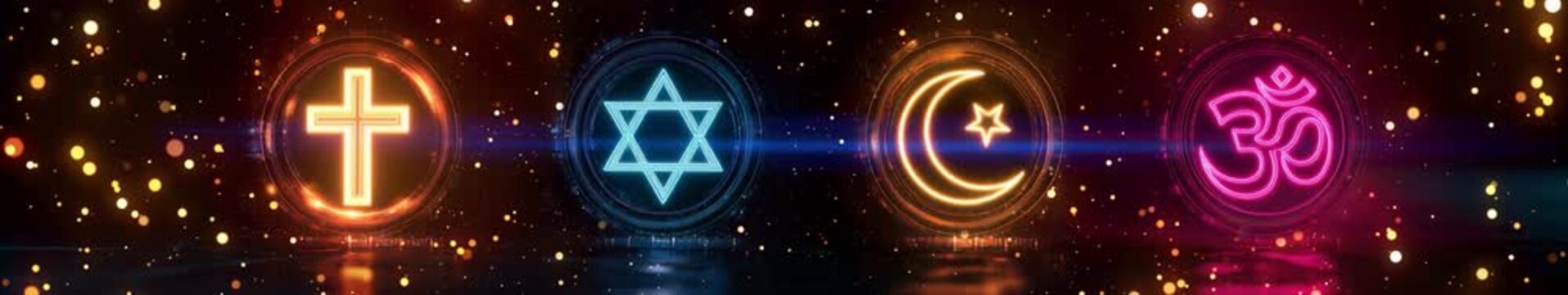 Glowing Symbols of Christianity, Judaism, Islam and Hinduism on Sparkling Dark Background, Panoramic Seamless Loop