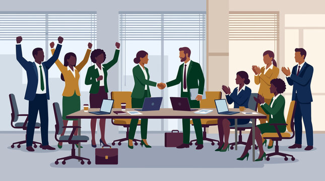 Diverse business people team shaking hands and cheering inside modern office conference room, symbolizing successful corporate partnership, illustrating effective teamwork collaboration