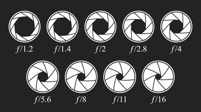 camera lens aperture size diagram icons set with various f-stop values on dark background, illustrating photography education guide and camera exposure settings concept