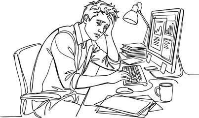 Fototapeta premium Tired man sitting at desk working on computer line art with office work computer business