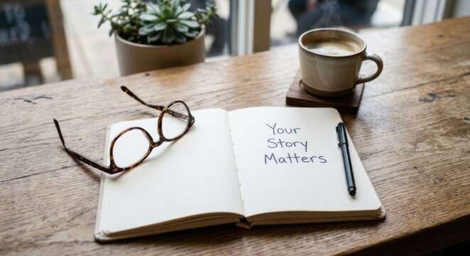 Open Notebook With "Your Story Matters" Text, Glasses, Coffee Cup and Pen on a Wooden Table