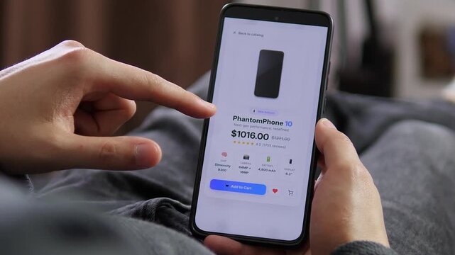 Mobile user moves from product comparison to a detailed smartphone listing, showing how reviews, discounts and technical features influence buying decisions.