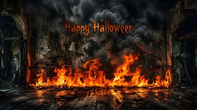 A dark and spooky happy halloween background featuring intense flames and mysterious smoke in a ruined building