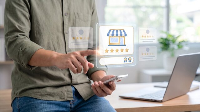 Customer review and rating on a smartphone with a storefront five star score and award badges for online business reputation feedback ecommerce shop ranking and consumer satisfaction survey 