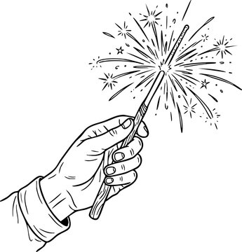 Hand holding sparkling firework sparkler vector line art with firework sparkler celebration