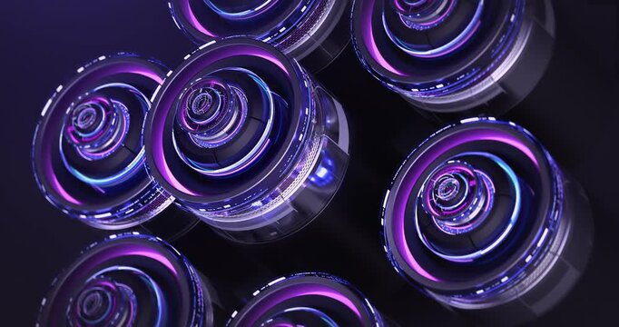 Abstract 3D animation of glossy purple concentric rings rotating like futuristic lenses on a dark surface.