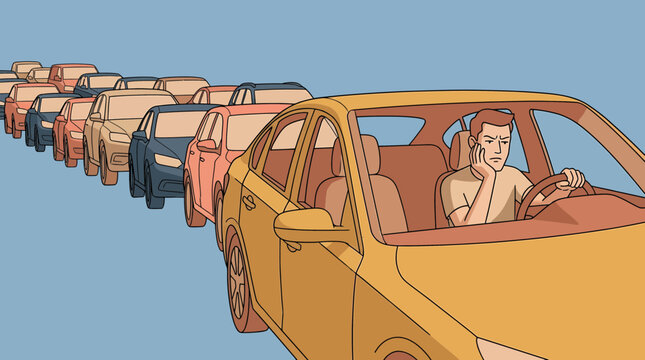 Frustrated man resting hand on face inside yellow car trapped in long line of traffic jam vehicles, illustrating urban commute stress and city transportation delay issues
