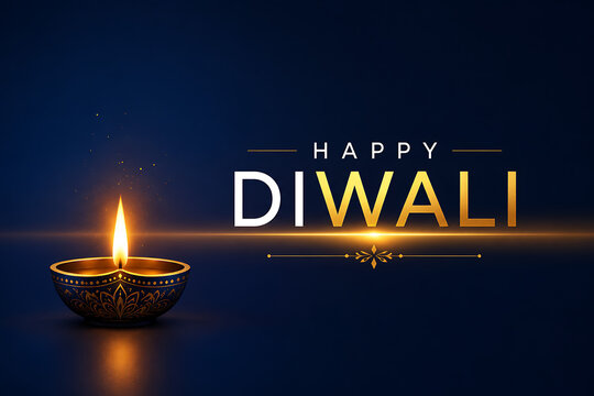 Happy Diwali Greeting Banner with Glowing Diya Lamp on Dark Blue Background, Elegant Festival of Lights Design