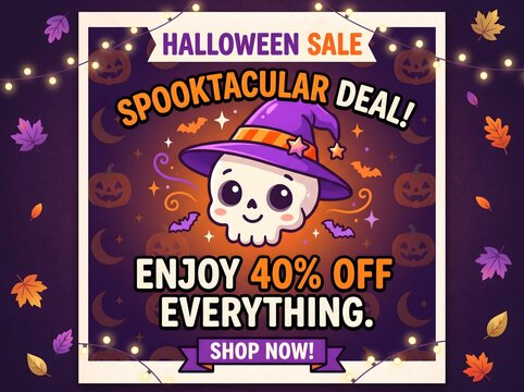 Cute Halloween Sale Promotion Design with Skull Character and Spooky Discount Concept
