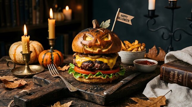 Delicious gourmet burger served in a carved pumpkin bun for a spooky happy halloween holiday dinner celebration