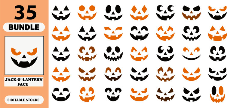 Collection of thirty five spooky pumpkin face designs for your creative helloween party decoration projects