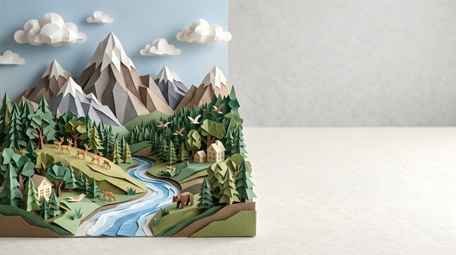 Luxury Paper Craft Nature Landscape with Forests, Mountains, Rivers and Wildlife