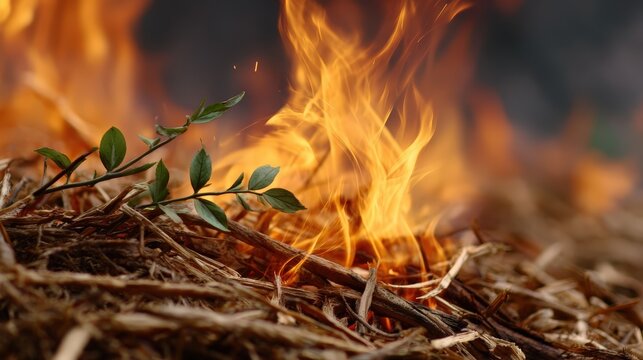 A small green plant is engulfed in dry twigs and leaves as intense flames spread in the background.