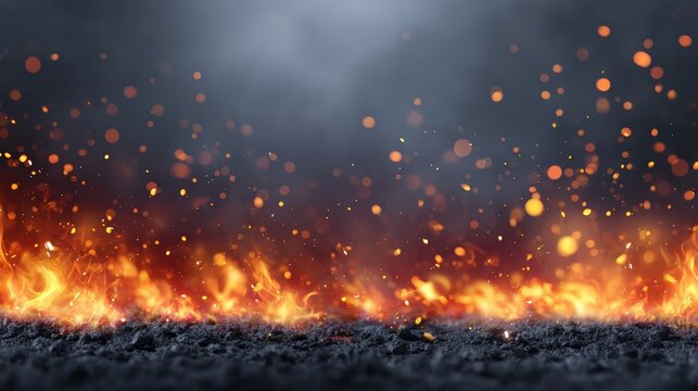 Intense flames blaze over charred ground with glowing embers rising into a smoky, dark sky, creating a dramatic and fiery scene.