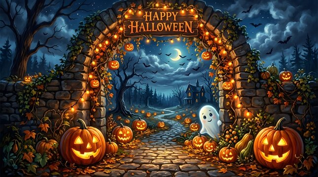 A magical stone archway decorated with glowing jack o lanterns wishing everyone a happy halloween night scene