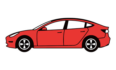 Fototapeta premium Red electric sedan in side profile view with thick black outlines and simplified geometric shapes on white background. Modern transportation concept