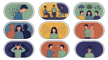Fototapeta premium Vector illustration set depicting various people suffering from depression and mental disorders, illustrating psychological therapy support and emotional healthcare awareness