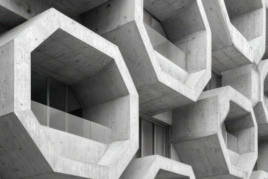 Brutalist architecture facade with geometric concrete forms and small balconies. It's perfect for modern design, construction, or urban planning projects.