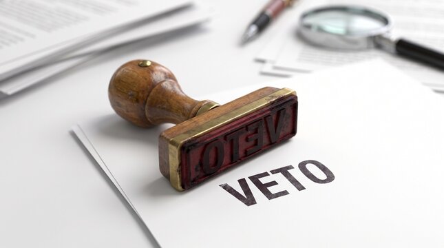 Wooden rubber stamp leaving a bold veto mark on a white paper document with office supplies in the background