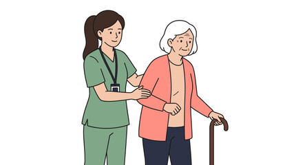 Obraz premium Female nurse assisting elderly senior woman walking with cane on white background, symbolizing professional healthcare service and compassionate home care support