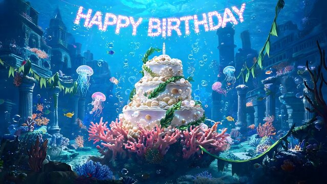 Birthday cake underwater coral reef jellyfish bubbles aquatic ruins festive sea banner.