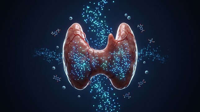 3D medical illustration of human thyroid gland anatomy with glowing microscopic cellular activity medical visualization anatomy study gland health gland struct