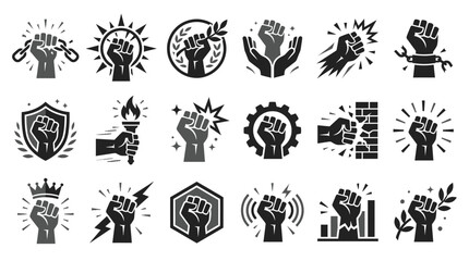Naklejka premium Monochrome collection of raised fist vector icons illustrating strength revolution and freedom, Symbolizing political activism and social justice movement design
