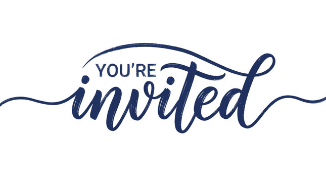 Elegant hand written dark blue calligraphic lettering text You're invited on clean white background, symbolizing formal event announcement and wedding party invitation card design
