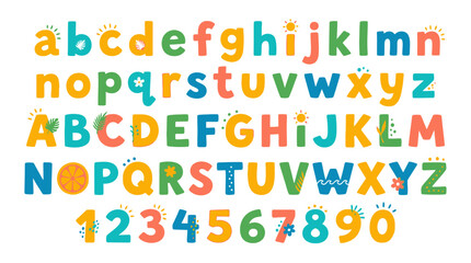 Fototapeta premium Colorful summer alphabet letters and numbers set with tropical decorations and sunny vector symbols!
