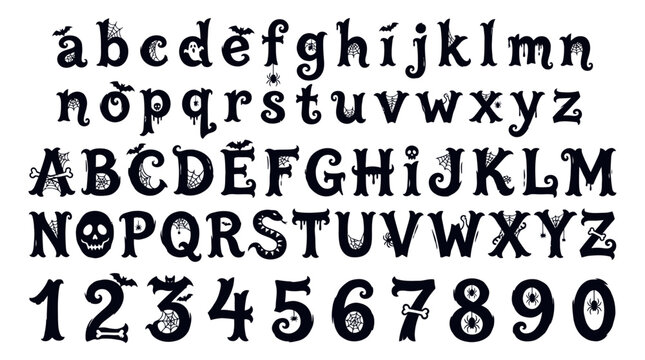 Halloween spooky alphabet font set gothic decorative letters and numbers for festive holiday designs