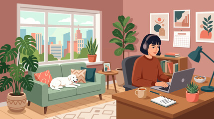 Fototapeta premium Young Asian woman wearing headphones working on laptop at cozy home office desk with dog sleeping on couch, illustrating remote work lifestyle and freelance productivity