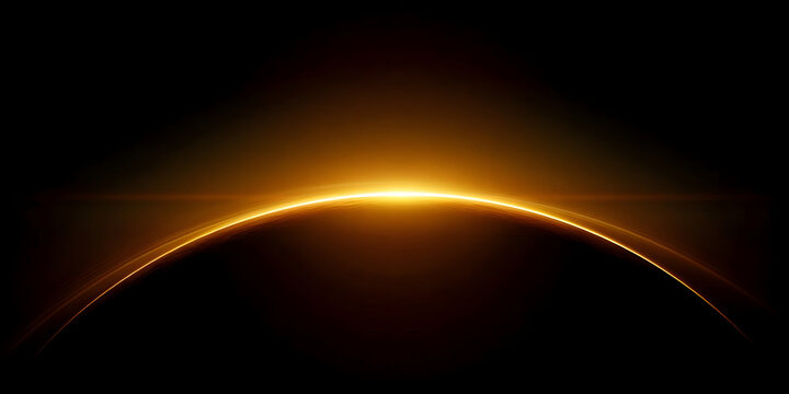 Cinematic planet eclipse sunrise with bright golden glowing atmosphere and optical lens flare effect from deep space isolated on black background for wallpaper