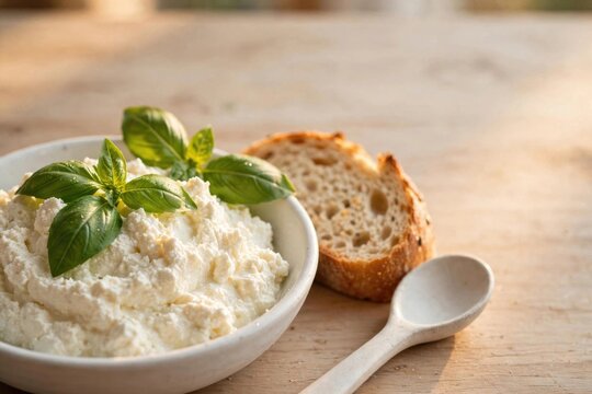 Fresh Ricotta Cheese with Basil and Bread