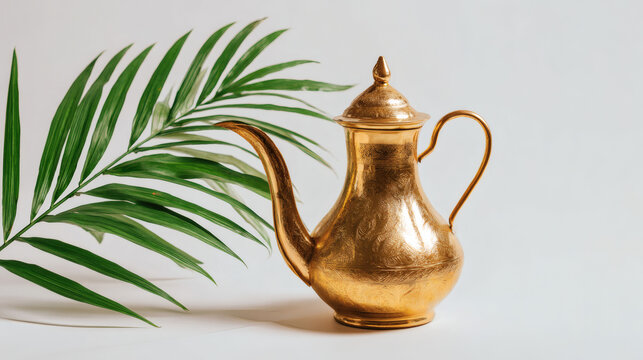 Traditional Arabic brass teapot with intricate engraved patterns standing next to a fresh green palm leaf on a clean minimalist white surface for Middle Eastern hospitality