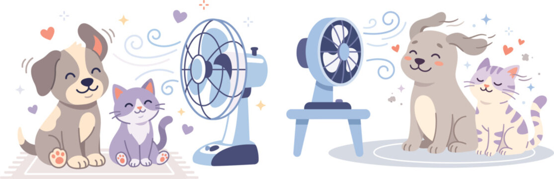 Pets enjoying electric cooling fan on a hot summer day with electric, domestic