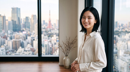 Fototapeta premium A young Japanese woman standing in a modern high-rise apartment with a view of the Tokyo skyline.