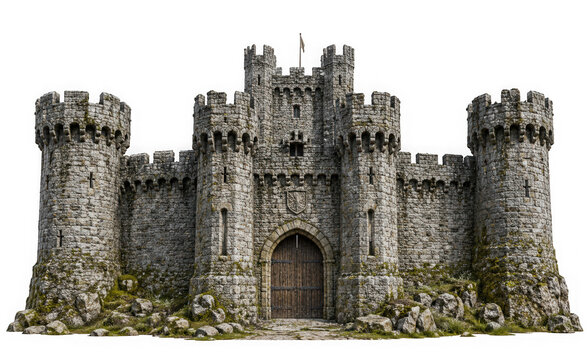 Medieval stone castle gatehouse with towers and wooden gate isolated on transparent background