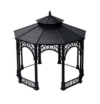 Black octagonal metal gazebo with ornate design isolated on transparent background