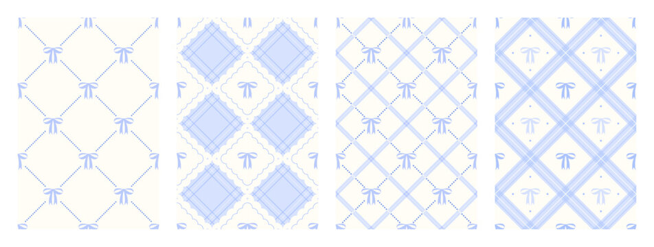 Set of coquette seamless pattern with pastel blue bows. Diamond checkered wrapping paper background for birthday and holidays. Soft and cute repeat wallpaper texture. Vector illustration