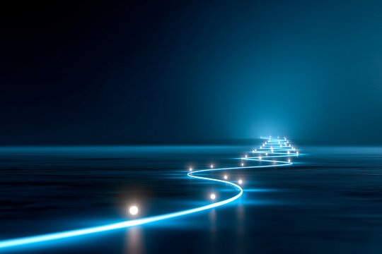 Glowing path with checkpoints representing the successful corporate roadmap to business growth