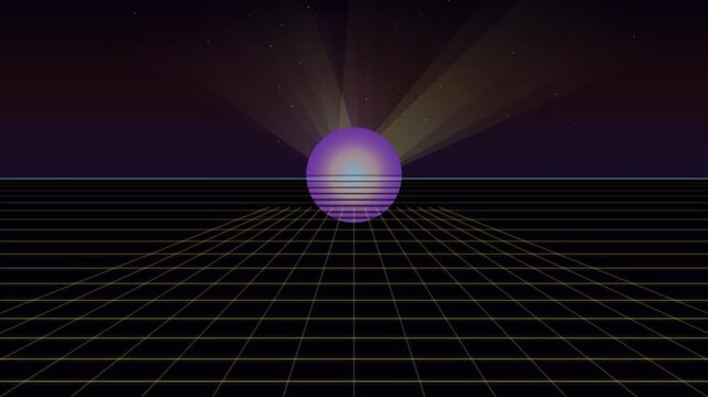 Seamless retro synthwave sun glowing with light rays over a grid background.