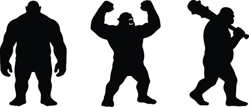 Set of fantasy black vector icons featuring standing giant cheering giant and giant with club isolated on white background