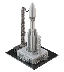 Offshore sea launch pad platform, solid fuel space rocket. Commercial satellite deployment vessel, heavy lift spacecraft vehicle. Aerospace engineering technology, launch tower, marine spaceport 3D © A-Quantix