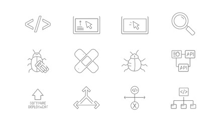 Fototapeta premium Modern line art icon collection depicting software development, coding, debugging, and system architecture processes